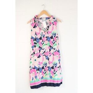 Crown & Ivy Womens Pink Blue Floral Ruffle V-Neck Sleeveless Shift Dress Medium